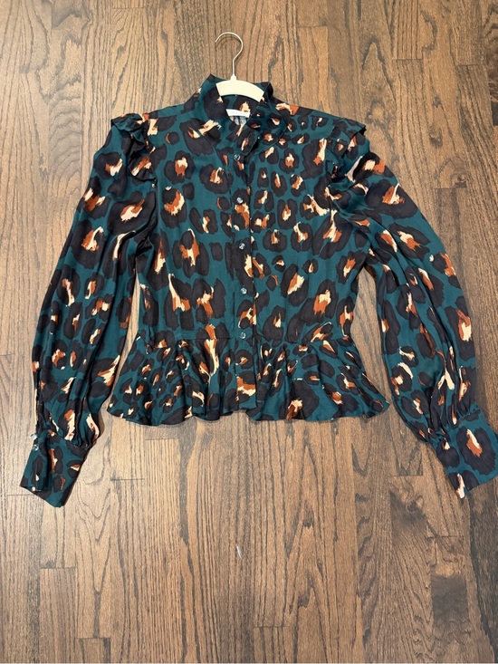 Karlie Tops - Karlie Teal Leopard-Print Button Front Peplum Blouse